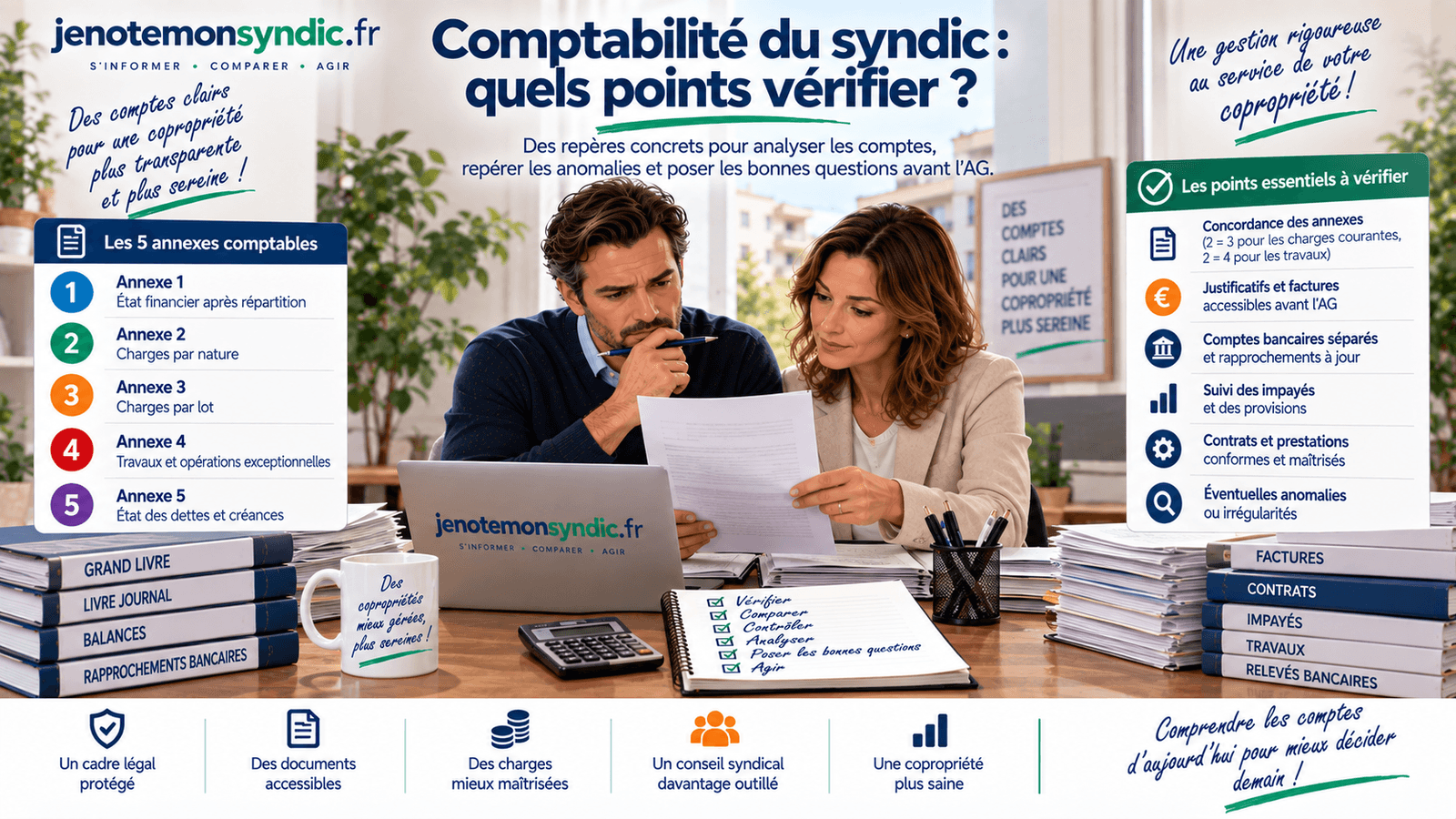 Copropriétaires contrôlant la comptabilité du syndic à partir des annexes comptables, factures, relevés bancaires, contrats et impayés