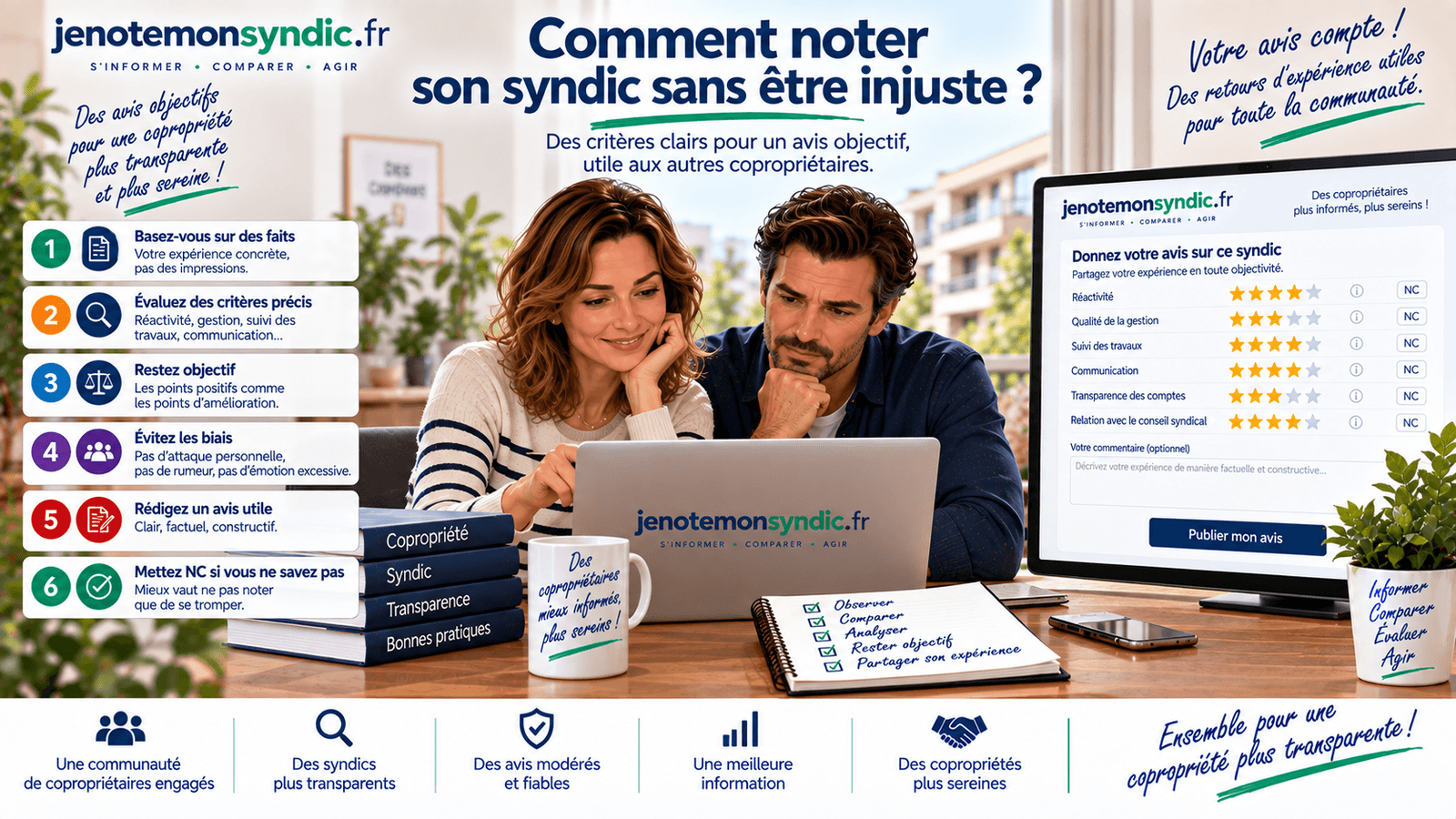 Copropriétaires évaluant leur syndic à partir de critères précis et factuels afin de publier un avis objectif et équilibré