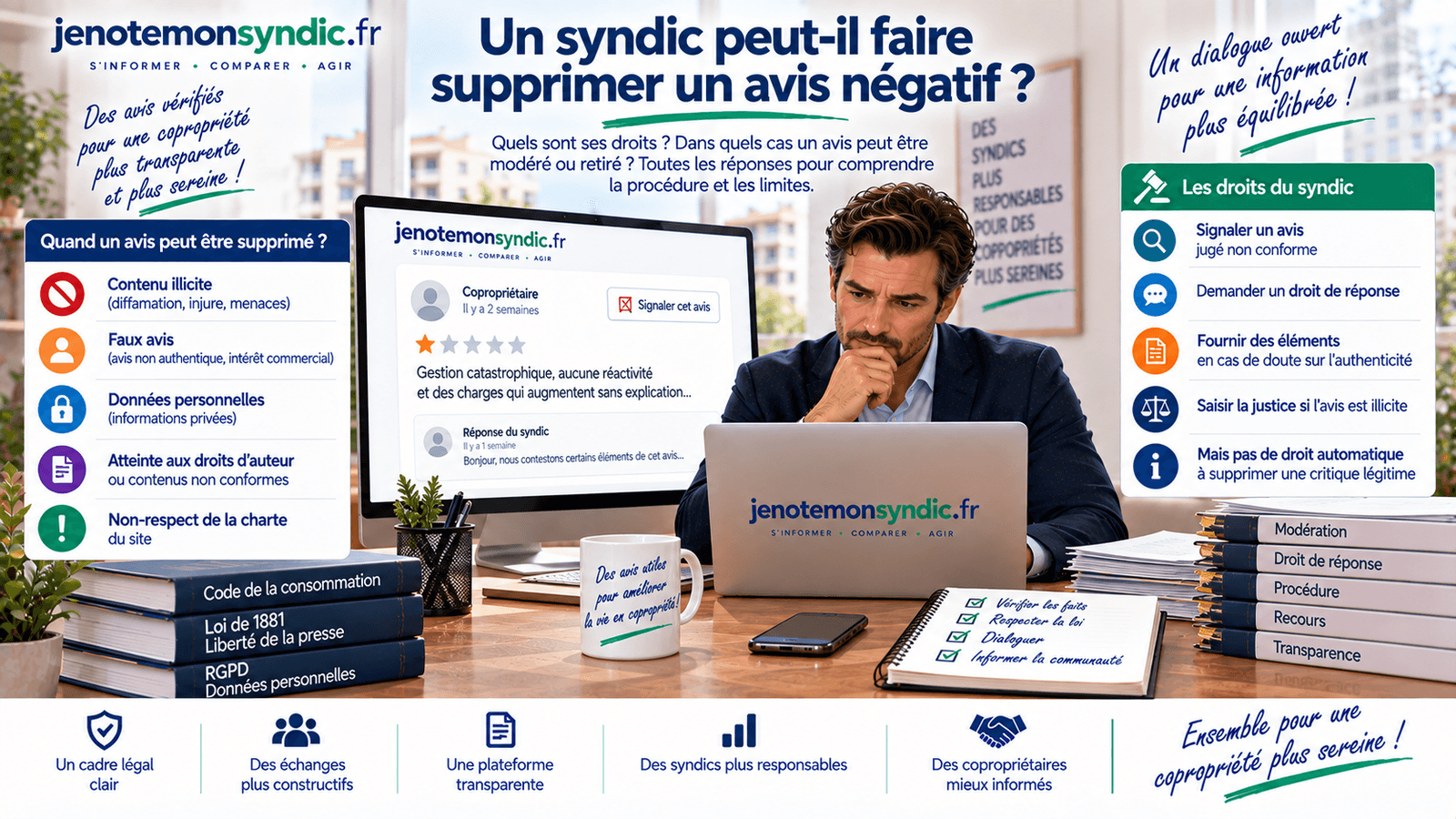 Syndic consultant un avis négatif et les possibilités de réponse, signalement ou modération prévues par la plateforme