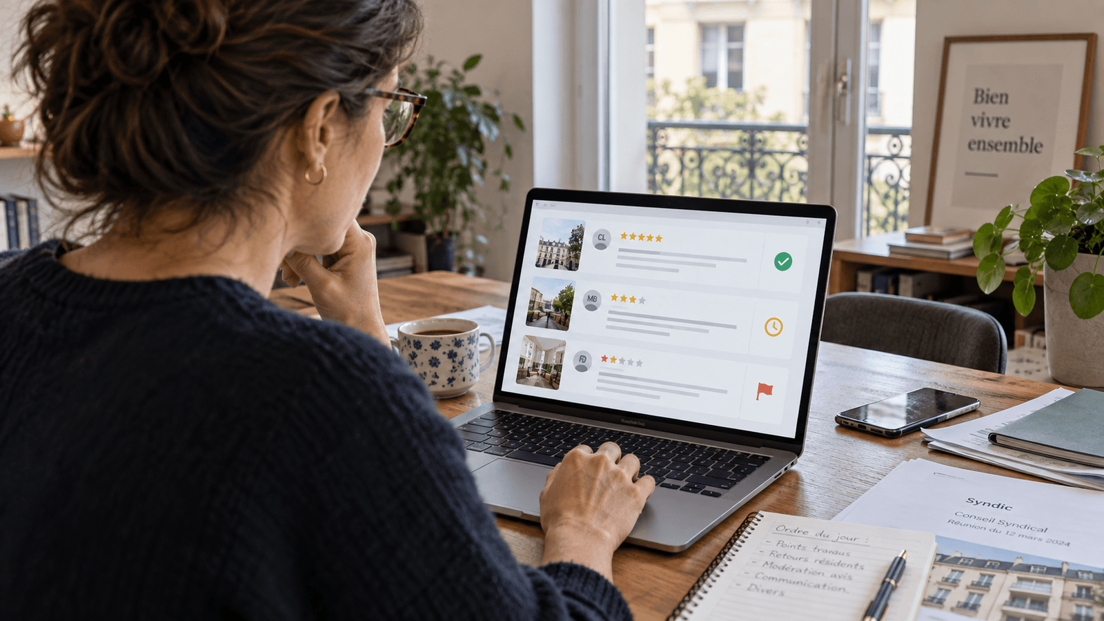 Copropriétaire consultant des avis de syndic en cours de validation, de modération ou de signalement sur une plateforme en ligne
