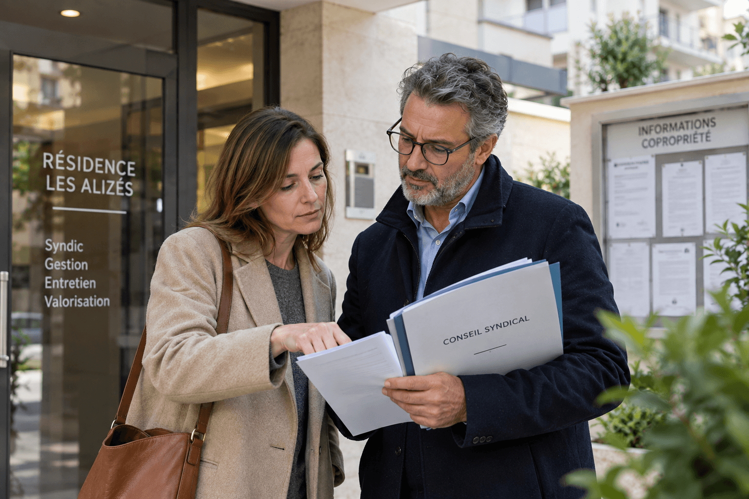 Copropriétaire et membre du conseil syndical examinant ensemble des documents de gestion devant une résidence