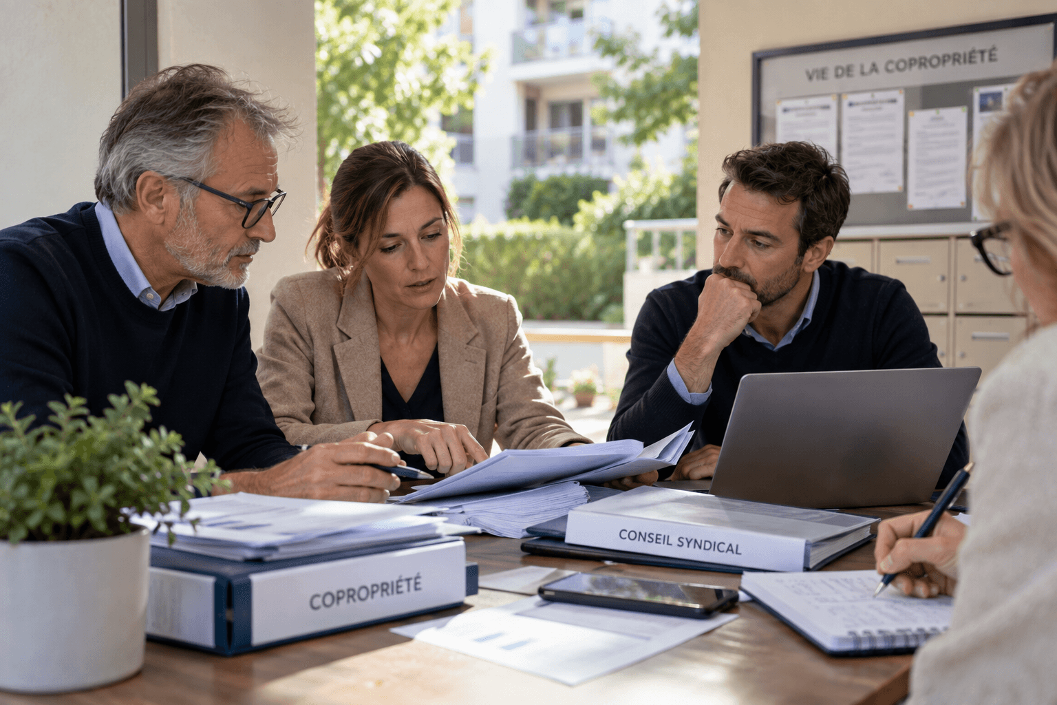 Membres du conseil syndical réunis pour examiner les documents, comptes, contrats et dossiers de gestion de la copropriété