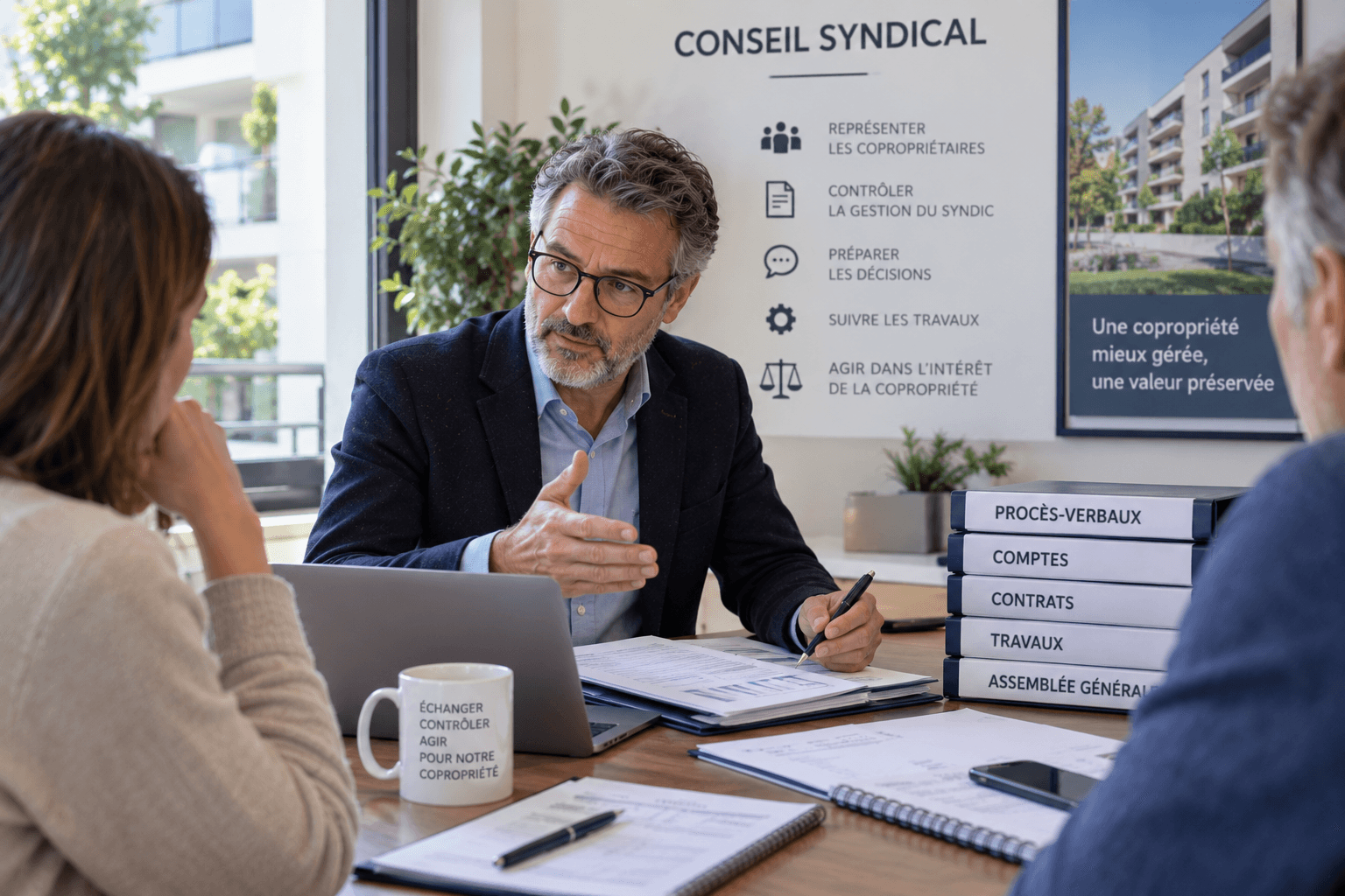 Président du conseil syndical échangeant avec des copropriétaires autour des comptes, contrats, travaux et décisions de la copropriété