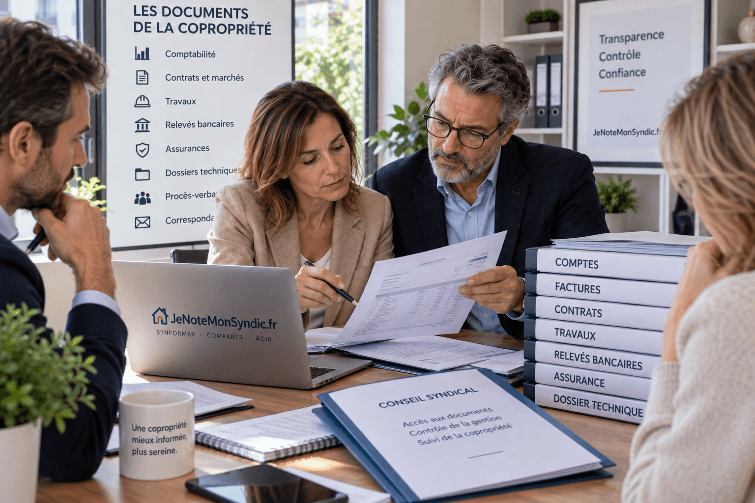 Membres du conseil syndical examinant les comptes, factures, contrats, relevés bancaires et dossiers de travaux transmis par le syndic