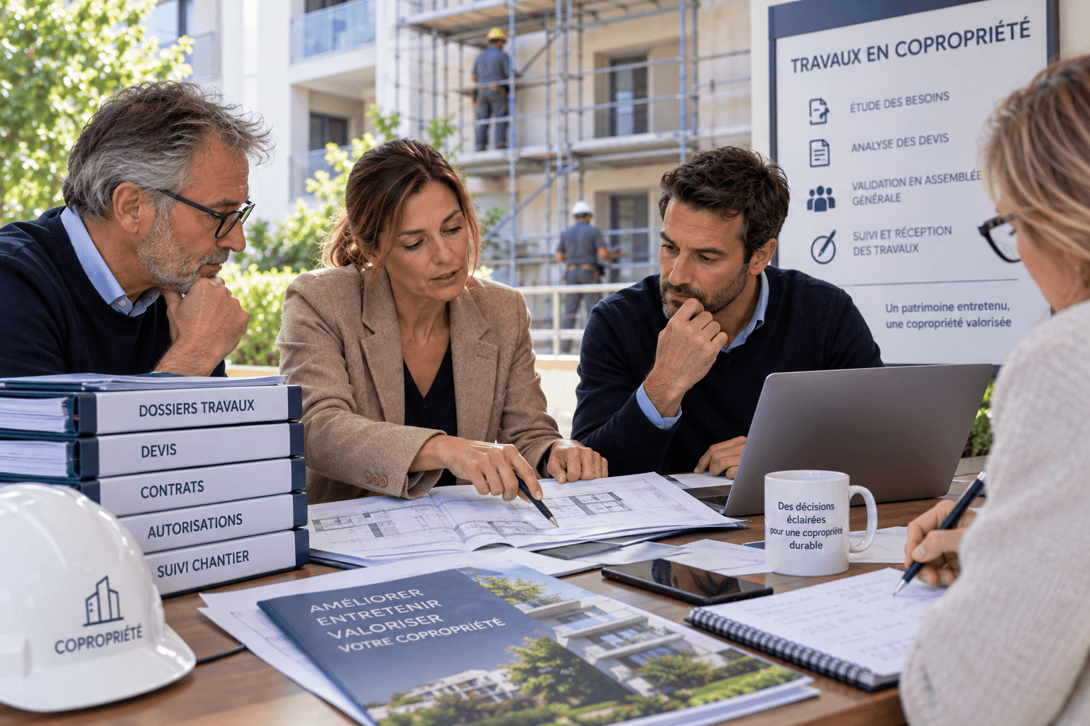 Membres du conseil syndical examinant des devis et plans de travaux devant une copropriété en chantier